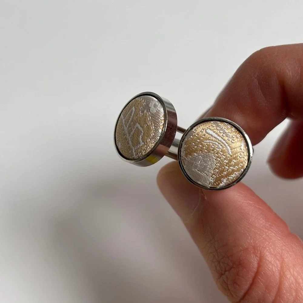 Vintage Style Ivory Gold Silver Brocade Fabric Inset Round Cufflinks Mens Formal